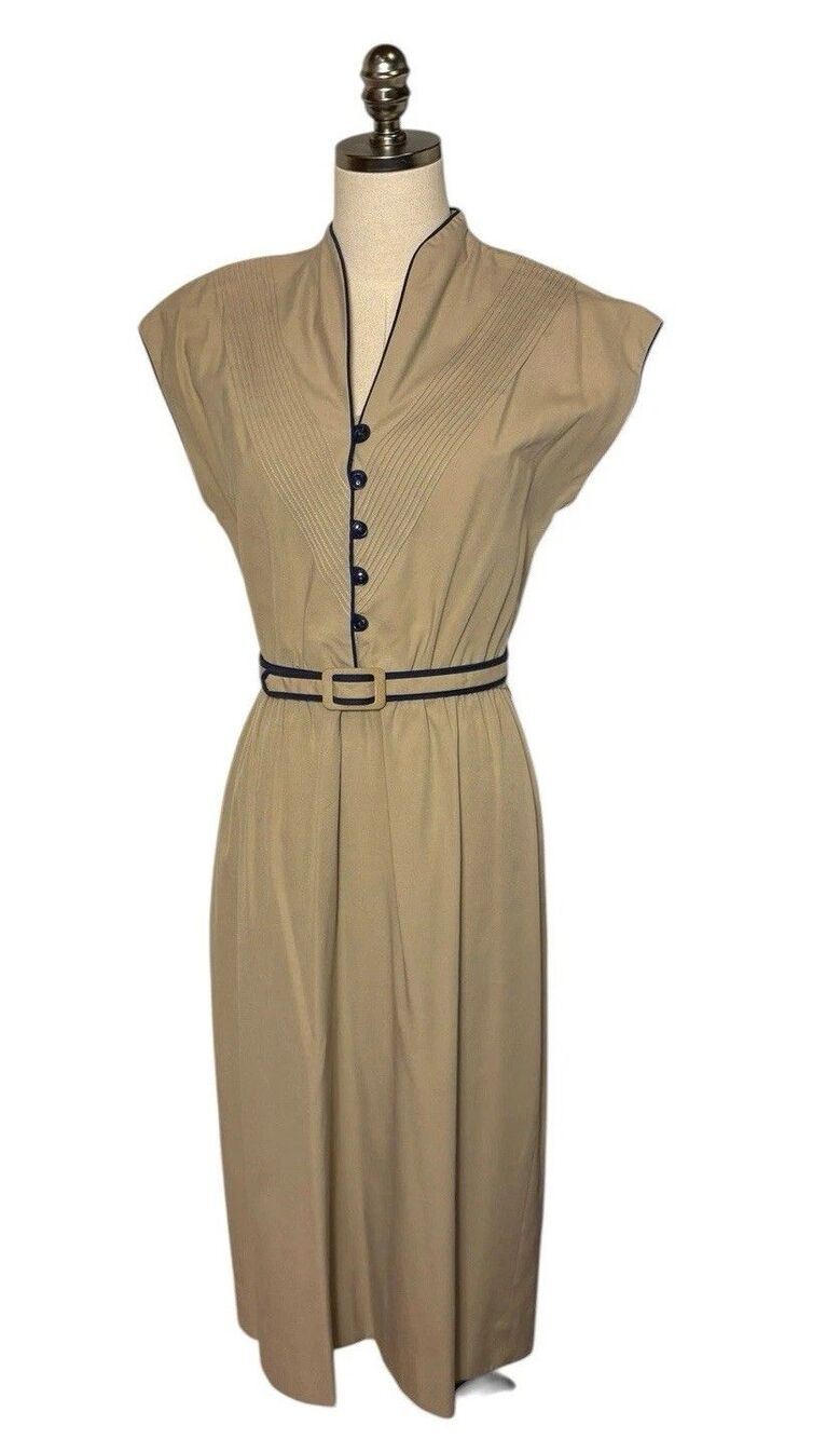 True Vintage DW3 David Warren Dress Ladies Taupe Sz 11 1970's 1980's Belted Navy